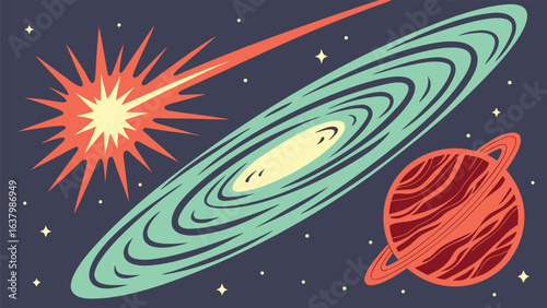 Illustration of a galaxy with a starburst, a comet, a ringed planet and several small stars in space