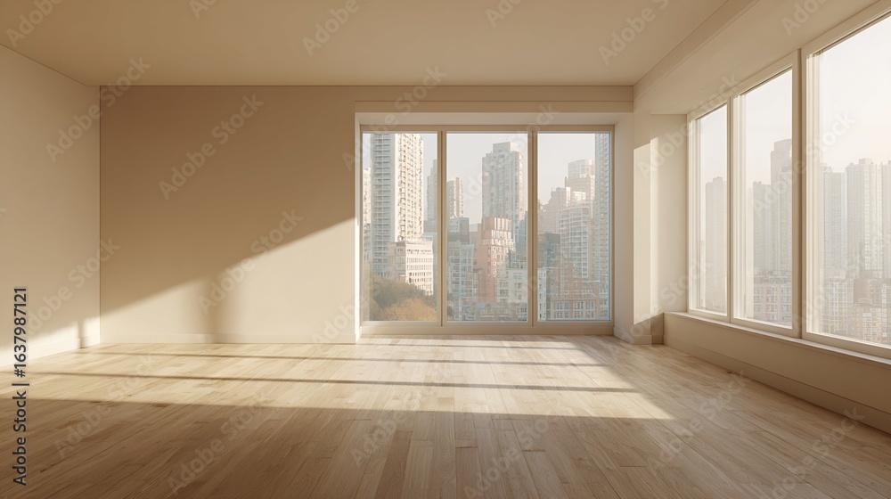 Obraz premium Empty Room with City View and Sunlight