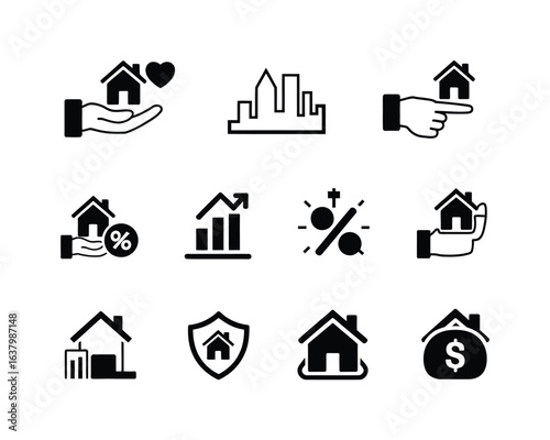 Real estate solid glyph icon set. Vector symbols for property business, home mortgage, investment growth, and insurance.