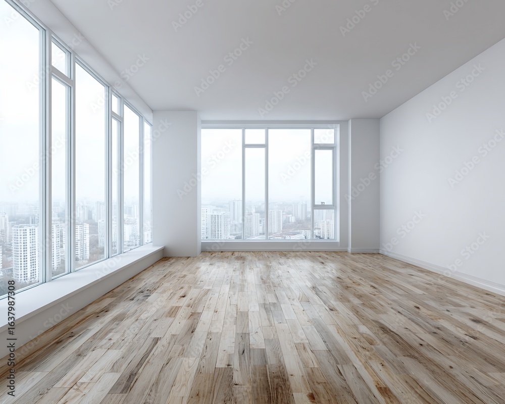 Fototapeta premium Empty Room with Hardwood Floor and City View