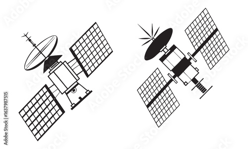 Satellite Icons Space, Communication, Solar Panel, Technology, and Orbit Vector Set