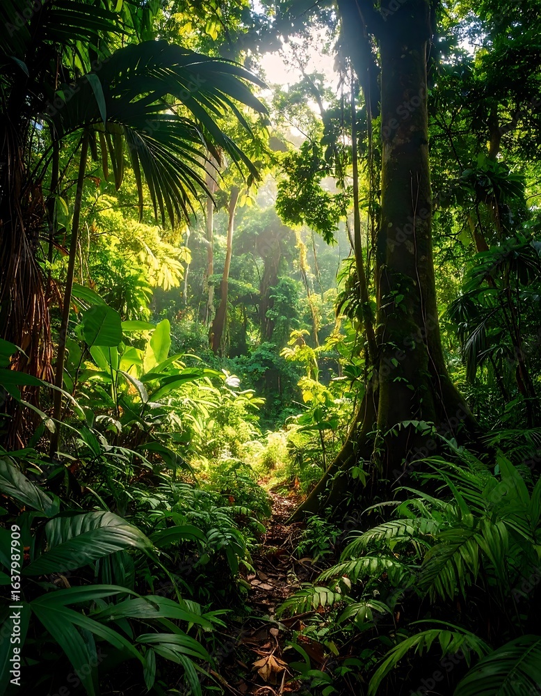 Fototapeta premium Sunlit path through lush, verdant rainforest