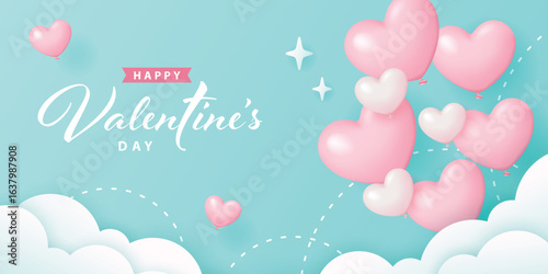 Valentine's day banner with heart-shaped balloons on blue background. Vector illustration for banner, poster, flyer, greeting card and advertisement.