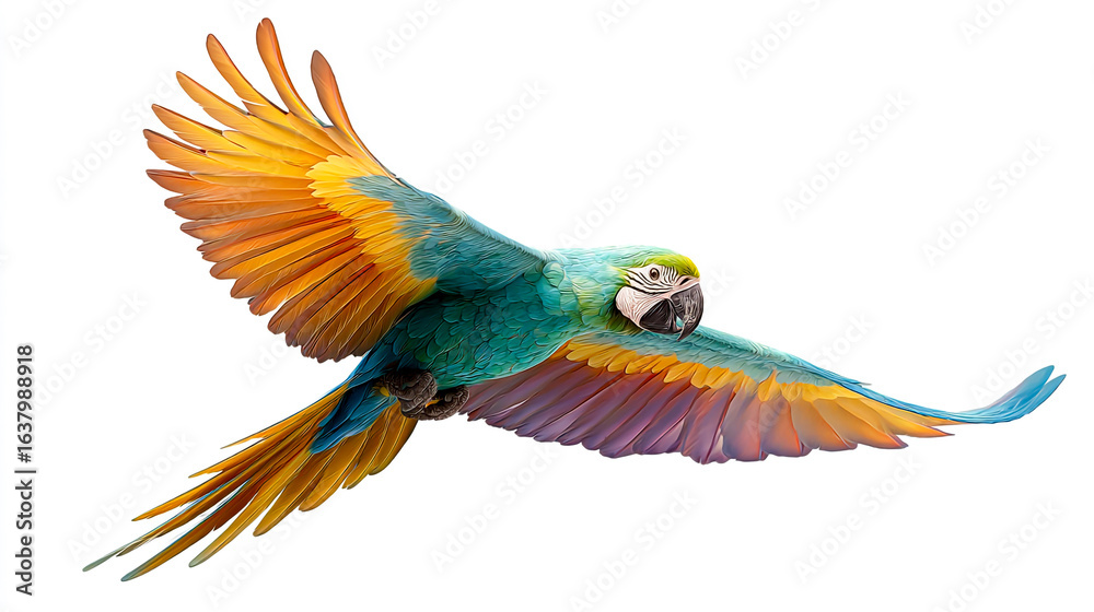 Fototapeta premium A colorful parrot flying in the air, isolated on a white background