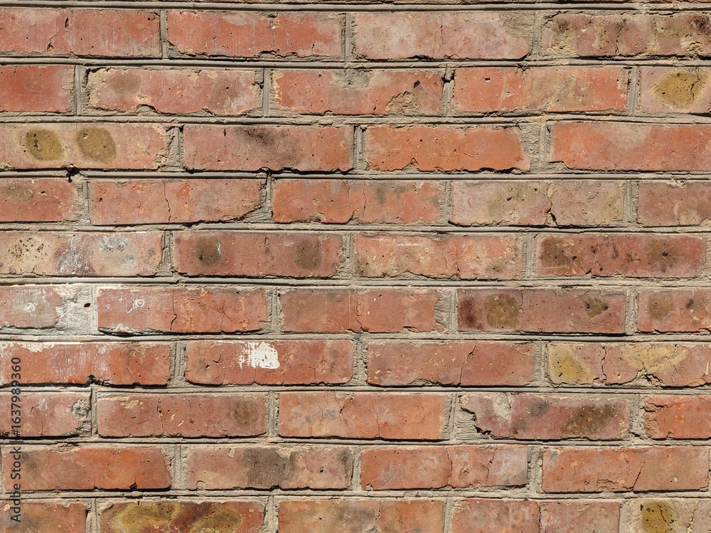 Obraz premium Close-up view of an old red brick wall. Weathered surface and building texture detail.