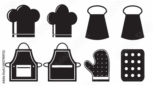 Illustration of kitchenware including chef hats aprons towels oven mitt and baking sheet in black and white |  editable eps vectors silhouette