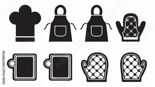 Illustration of cooking related items including aprons chef hat mugs and oven mitts in black and white style |  editable eps vectors silhouette