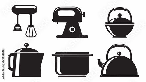 Illustration of kitchen appliances including mixers kettles and pots in black and white style design |  editable eps vectors silhouette