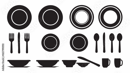 Illustration of various tableware items including plates forks spoons knives bowls and cups in black and white |  editable eps vectors silhouette