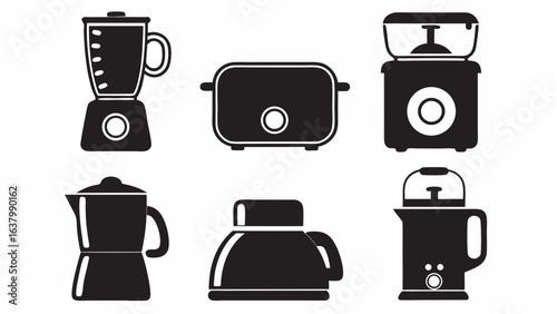 Collection of black and white kitchen appliances including a blender toaster and coffee maker design |  editable eps vectors silhouette