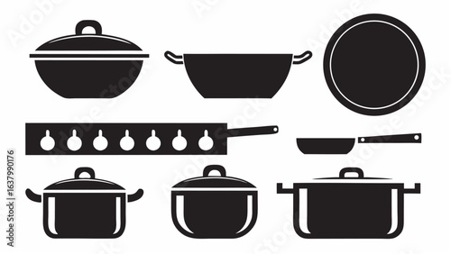 Illustration of various kitchen cookware including pots pans and a baking sheet in a simple black design |  editable eps vectors silhouette