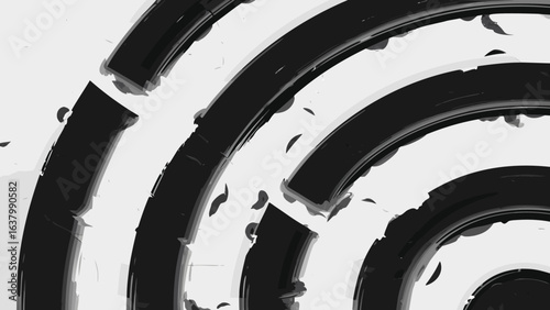 Abstract monochrome design featuring concentric arcs with rough brushstroke texture and fragmented edges