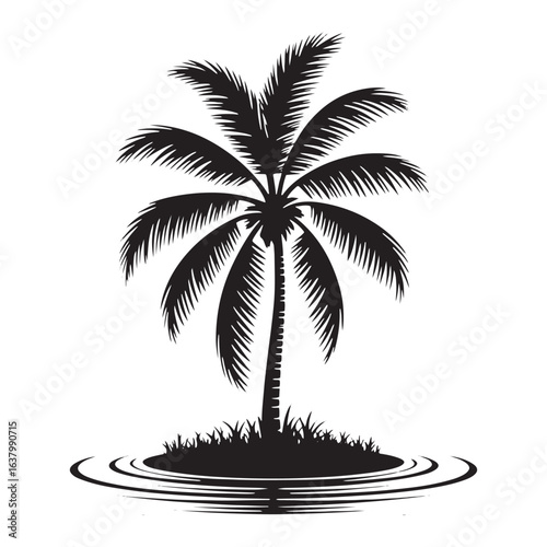 Black Silhouette of a Palm Tree on a Small Island with Rippling Water tropical