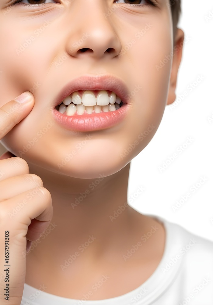 Fototapeta premium Child boy touching cheeks with fingers showing toothache facial discomfort and dental pain isolated on white