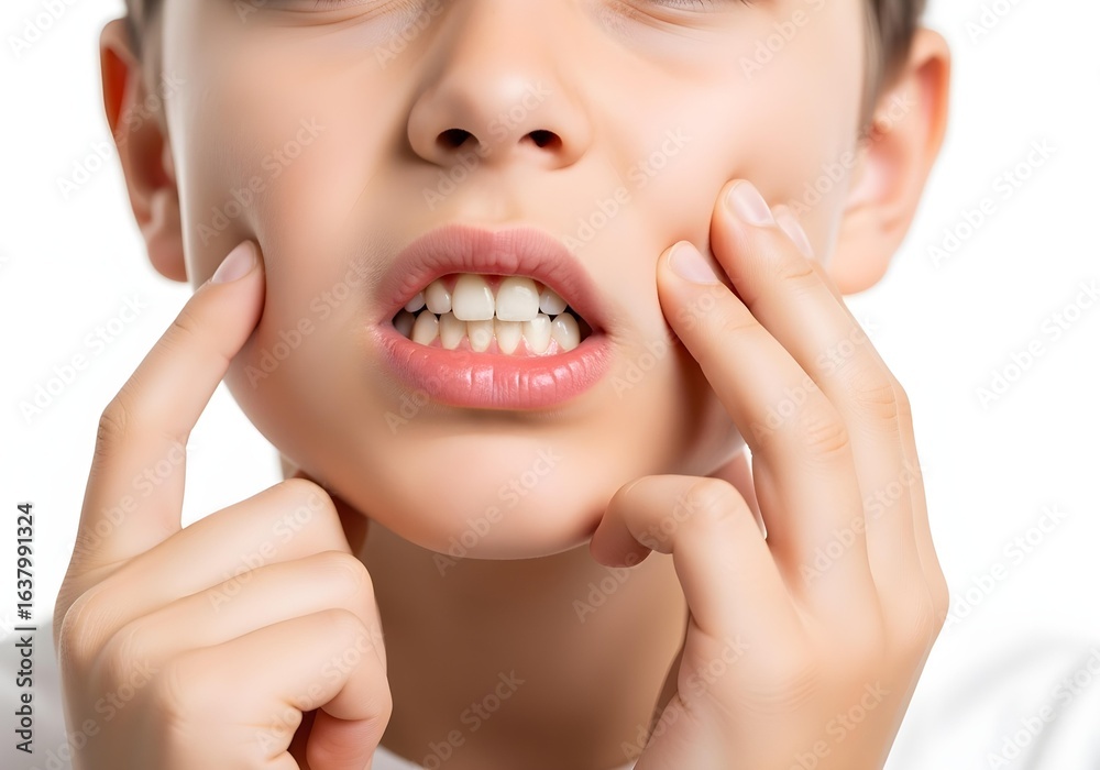 Obraz premium Child boy touching cheeks with fingers showing toothache facial discomfort and dental pain isolated on white