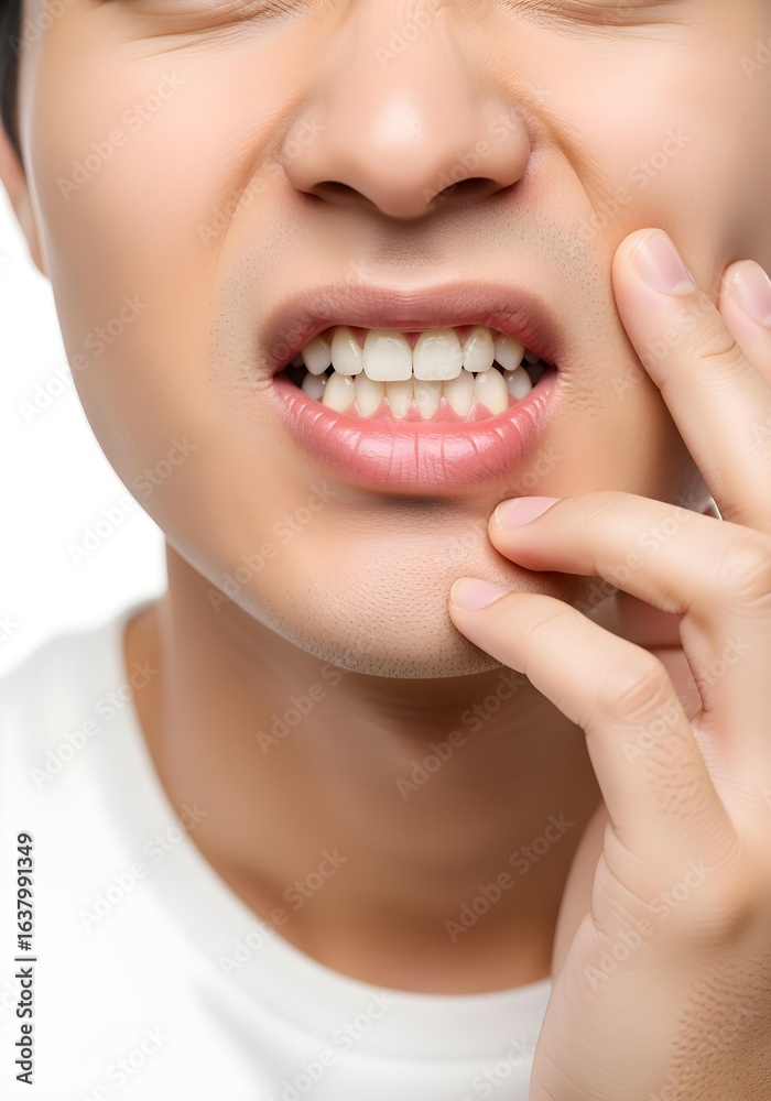 Fototapeta premium Man touching both cheeks with hands showing toothache jaw discomfort and dental pain on white background