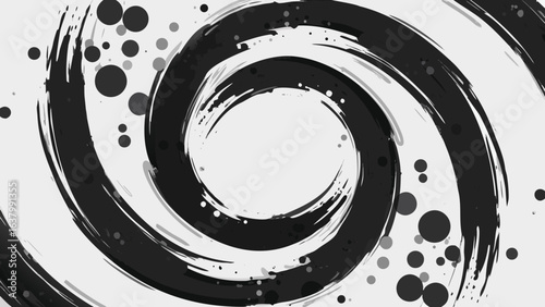 Abstract black and white swirl with scattered dots creating a dynamic and artistic composition visual