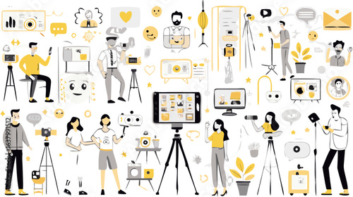 Illustration showing people recording videos and taking photos with various devices and equipment setup silhouette