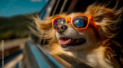 A dog wearing sunglasses is driving in the car