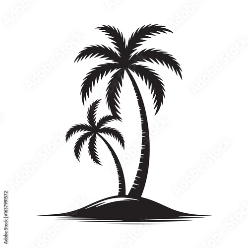 Black Silhouettes of Two Palm Trees on a Small Island tropical nature