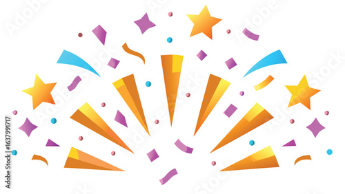Illustration of celebratory elements featuring stars, confetti, and cone shapes in bright colors