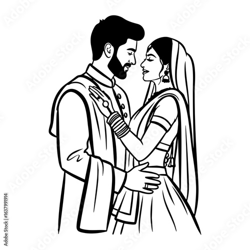 Minimal Hindu Wedding Couple Intimate Embrace Vector Illustration
