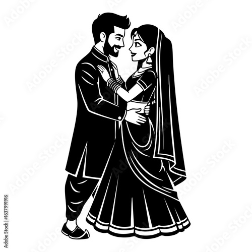 Minimal Hindu Wedding Couple Intimate Embrace Vector Illustration