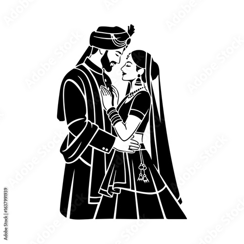Minimal Hindu Wedding Couple Intimate Embrace Vector Illustration