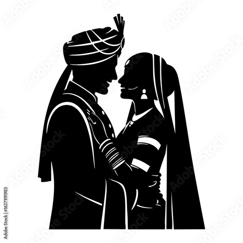 Minimal Hindu Wedding Couple Intimate Embrace Vector Illustration