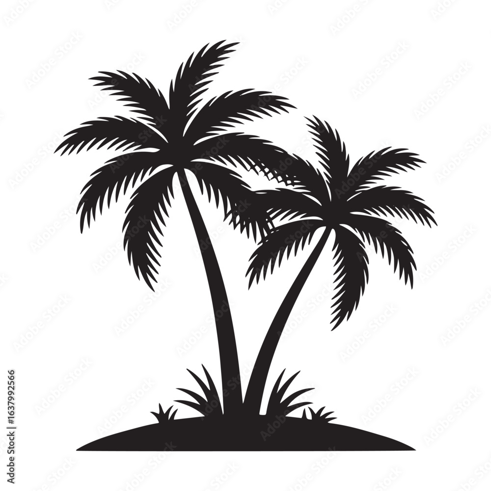 Two Palm Trees Silhouette On Small Island With Grass coconut tree tropical Two Palm Trees Silhouette On Small Island With Grass coconut tree tropical