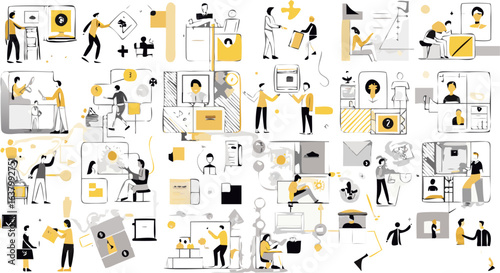 Illustration depicting various business activities and interactions in a modern and stylized manner silhouette