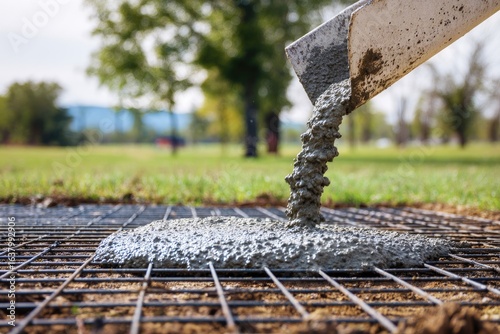 Concrete pouring onto a metal grid foundation in a grassy area