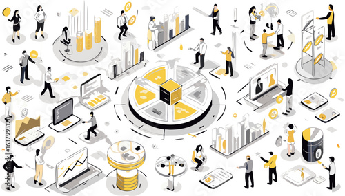 Isometric illustration of business people interacting with charts and digital interfaces design concept silhouette