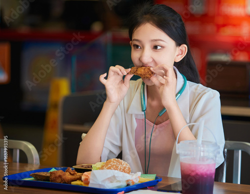 Quadro su tela A cute Chinese girl enjoying a hearty meal at a fast-food restaurant in a shopping mall