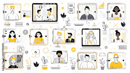 Illustration of multiple people in video conference calls with plants and decorative elements scattered around them silhouette