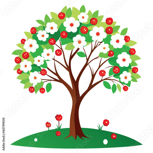 Hawthorn tree with white spring flowers and red berries in sunlight