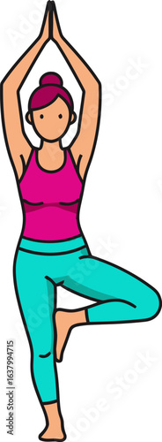 A colorful illustration of a woman in activewear practicing the yoga tree pose, standing on one leg with hands joined overhead.