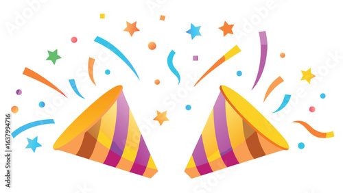 Two party poppers with confetti and stars scattered around for a celebratory occasion image design element