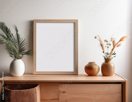 blank frame mockup poster hanging on the white wall with wooden furniture