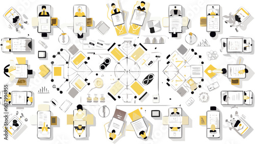 Aerial view of a meeting room with people at tables and a central collaboration area with diagrams silhouette