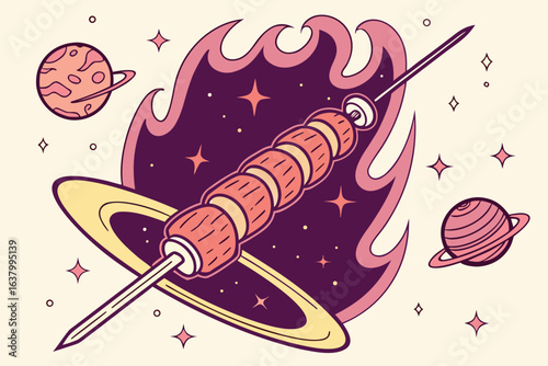 Illustration of a skewer with food in space with planets stars and a ringed object in the background