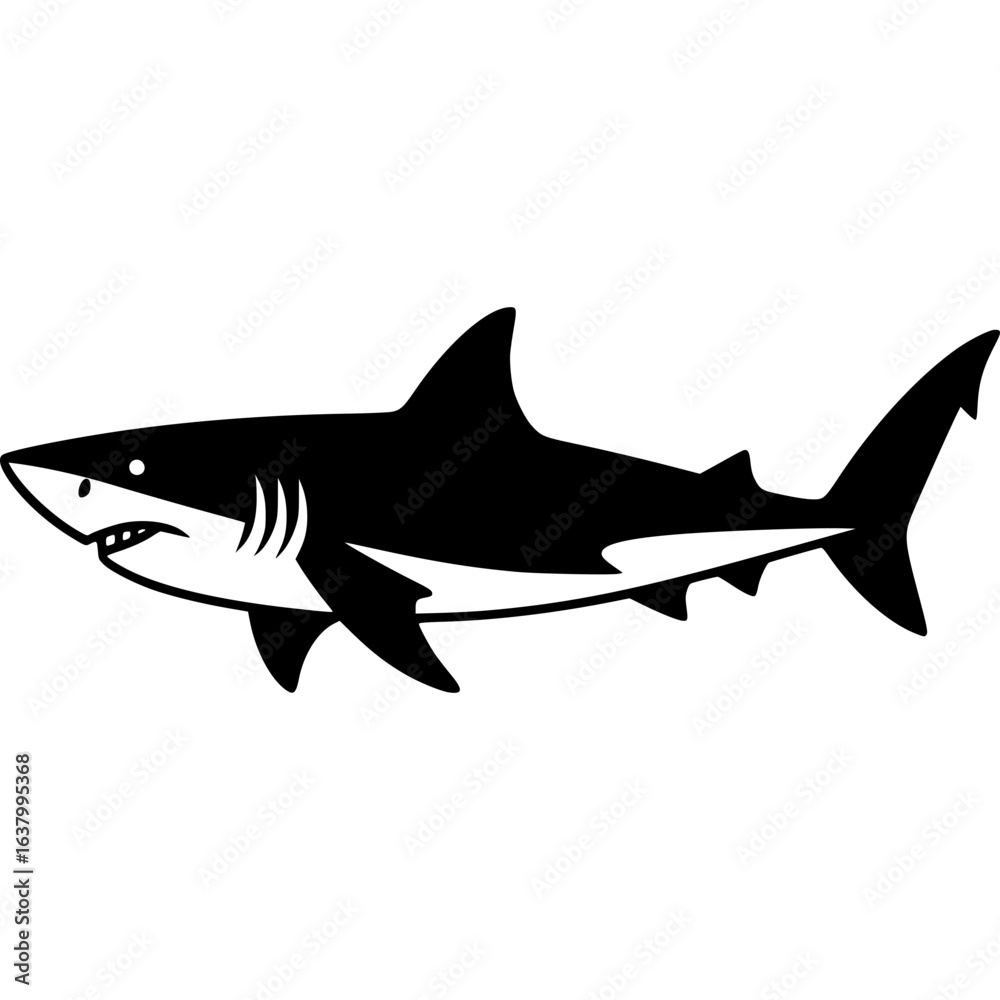 Naklejka premium Shark Silhouette: A minimalist illustration of a powerful shark, its sleek form and prominent dorsal fin evoking the strength and grace of this apex predator.