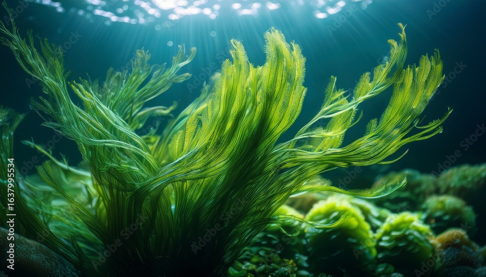 Obraz premium algae spirulina seaweed plant underwater shot closeup background