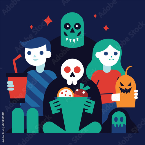 Illustration of horror movie night during halloween with popcorn spooky decorations and scary films