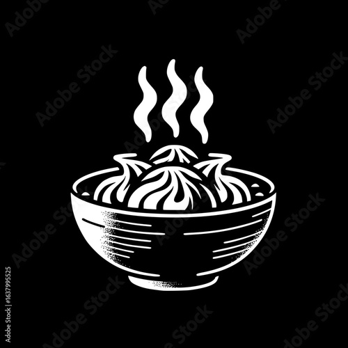 Steaming Dumplings: A simple yet evocative black and white illustration features a bowl of fresh, steaming dumplings. Representing the comforting essence of classic cuisine. 