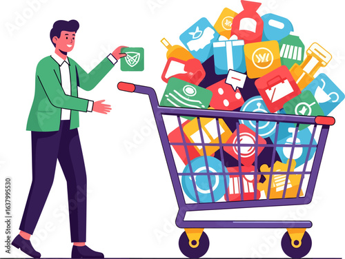 A man adds a digital product icon to a purple shopping cart overflowing with colorful items.