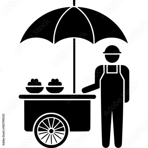 Street Vendor's Cart: Depicts a simple, graphic illustration of a street vendor and his cart, umbrella offering shade and two bowls of food.