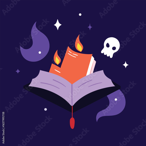 Illustration of spooky book fair on halloween with haunted decorations and costumed visitors browsing