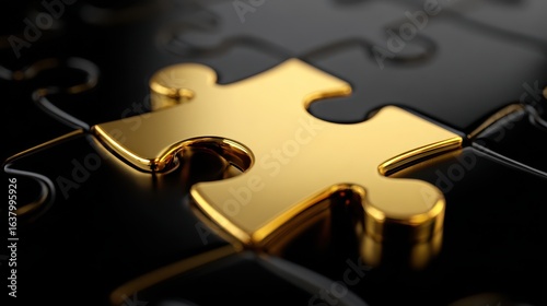 Beautiful photo of close-up image of a glossy gold puzzle piece fitting perfectly into a contrasting black puzzle, symbolizing uniqueness, solution, and strategic success in a.