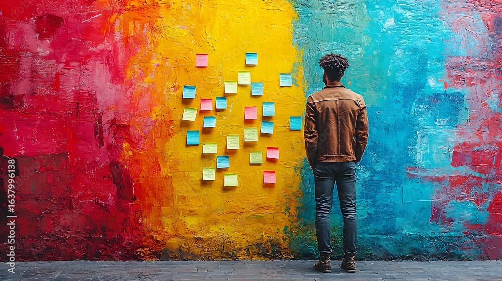 Obraz premium A man stands in front of a vibrant colorful wall covered in digital notes